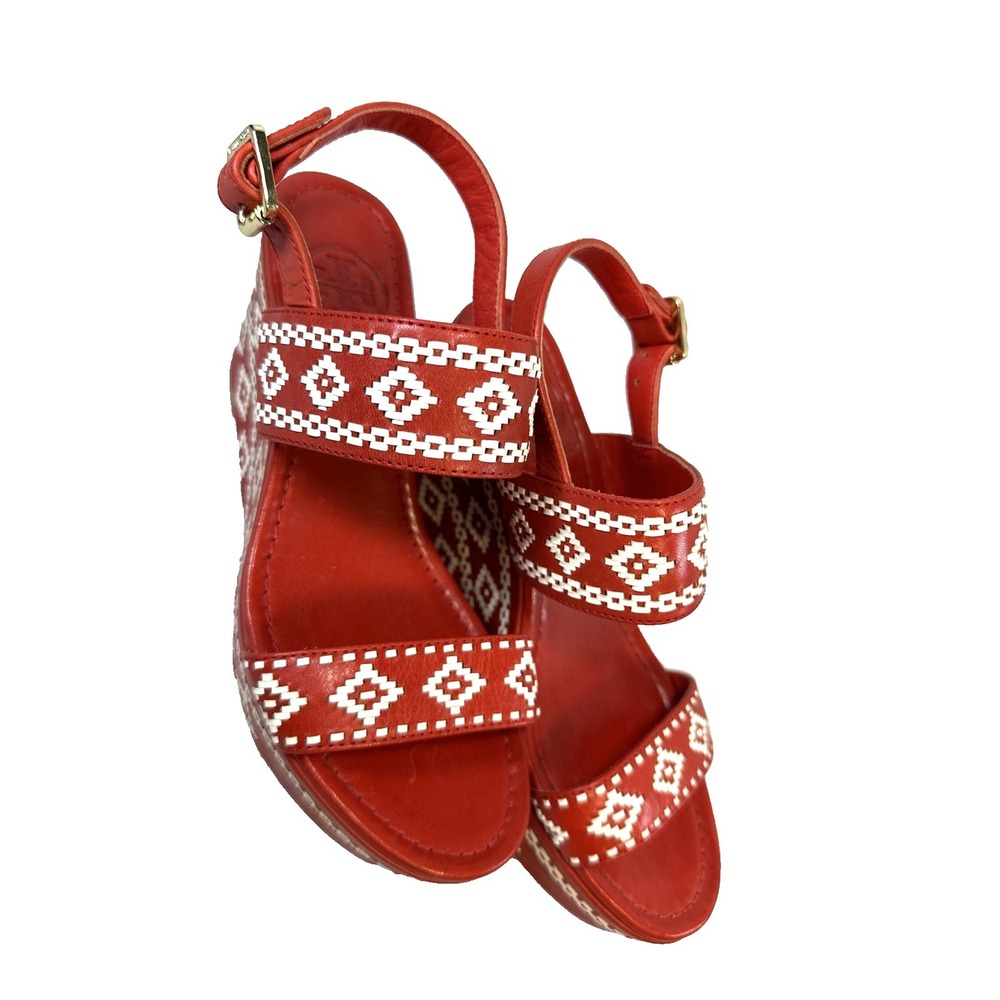 Tory Burch Red Leather Whipstitch Geometric Wedge Sandals Womens 6.5M